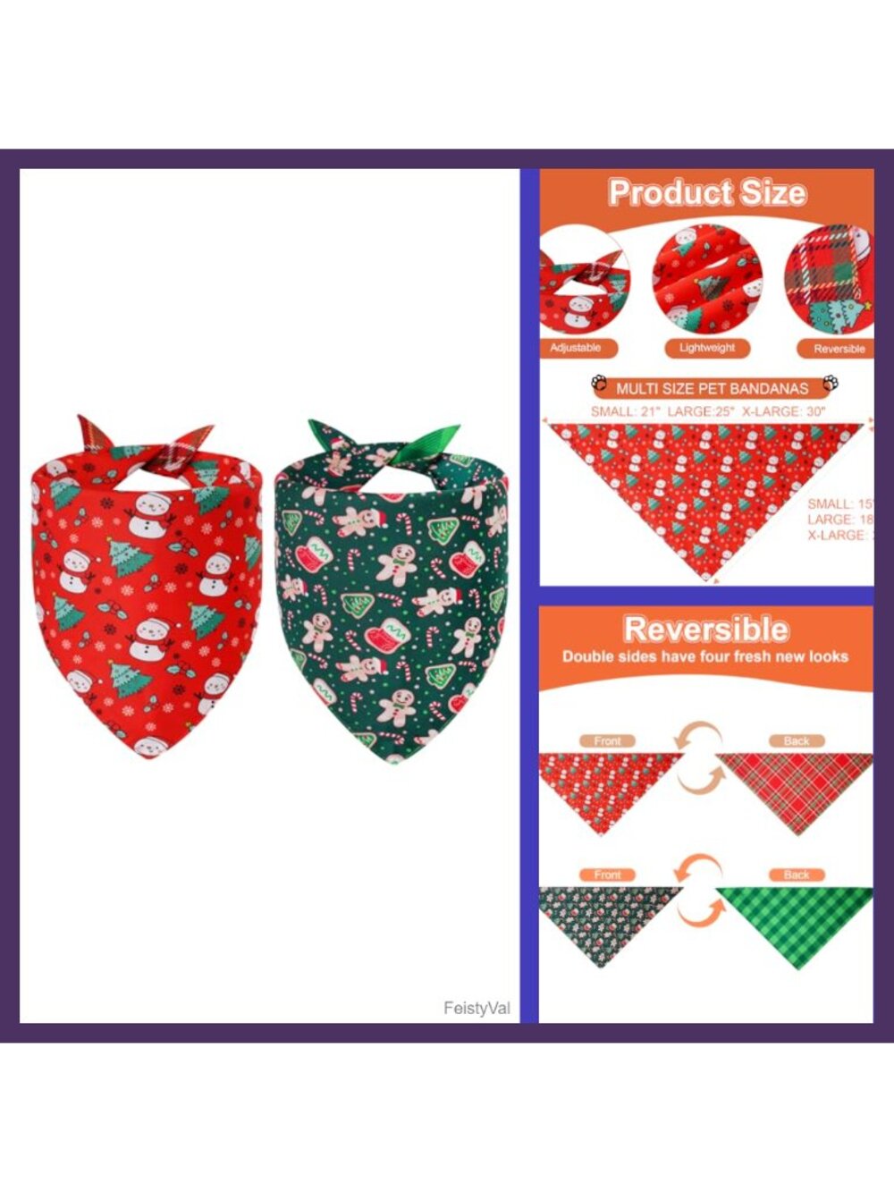 Christmas Dog Bandanas 2PCS Polyester Plaid Scarf XLarge Holiday Pet